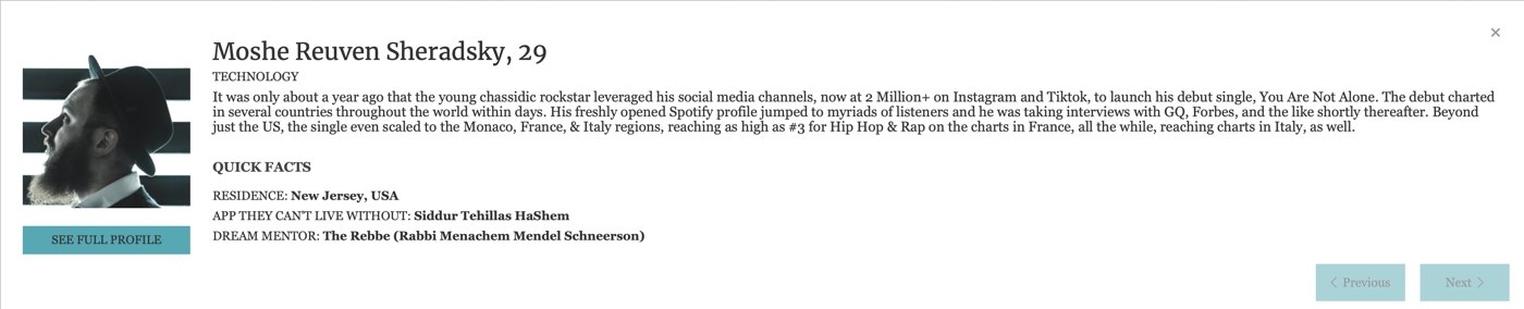 Original Forbes profile pop-up for Moshe Reuven Sheradsky with the editor's note and quick facts